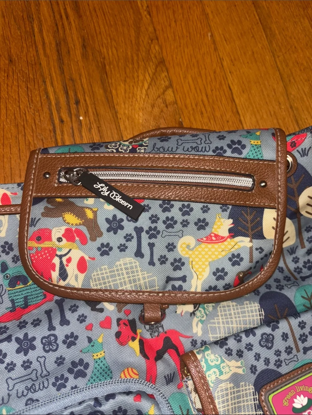 Lily Bloom Multicolor Dog-Print Canvas Backpack with Brown Trim